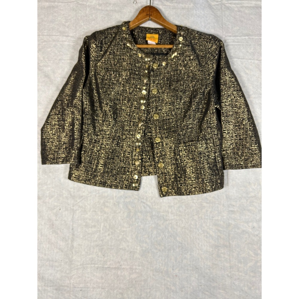 Ruby Rd Black Gold Metallic Textured  Jacket‎ Embellished Buttons Womens Size 10